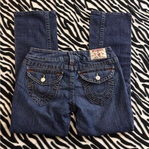 True religion yellow and orange stitching low rise bootcut jeans